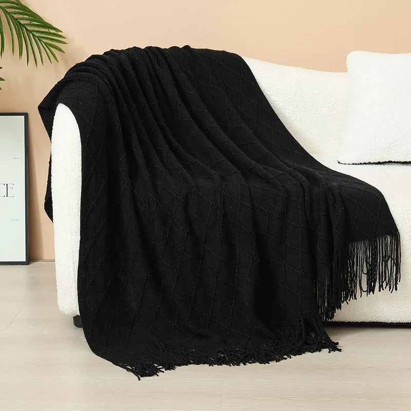 Luxury Custom Diamond Cable Knit Blankets Home Decor Acrylic Jacquard Knitted Bed Sofa Throw Blanket With Tassels