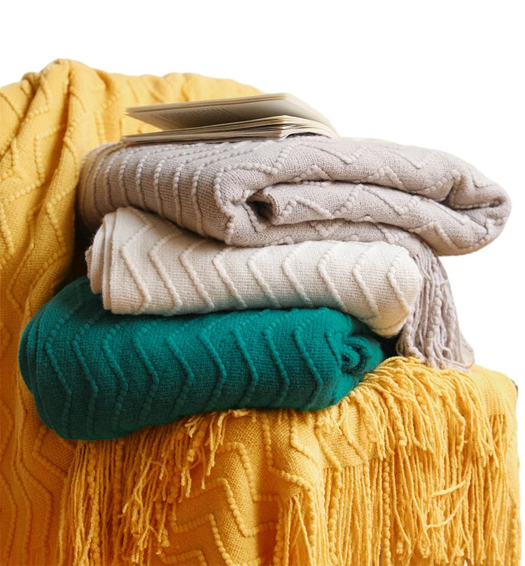 Khaki Acrylic Knitted Lightweight Anti-Pilling Wearable Decorative Throw Blanket Boho Warm Folded Korean Solid Plaid