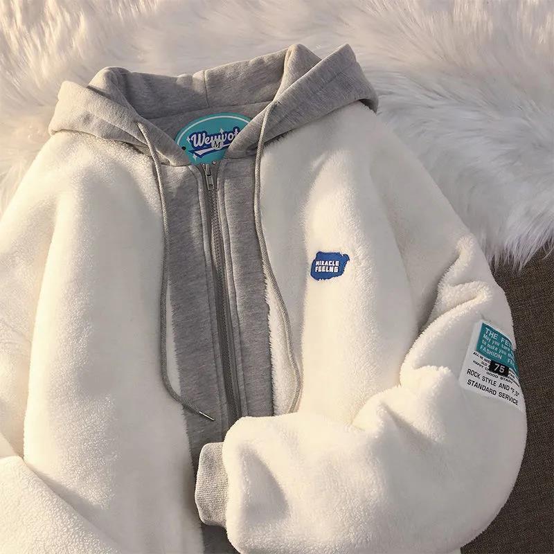 American-style faux lambswool fake two-piece coat for women trendy ins autumn and winter hooded cotton-padded coat thickened loose couple Padilla Innovations LLC