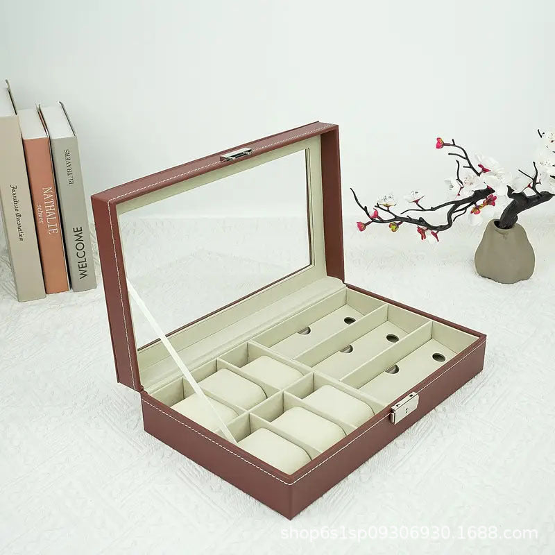 Caja organizadora de piel para relojes, gafas y joyas
