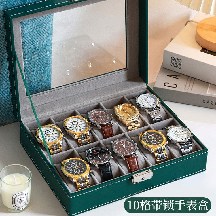 Leather Watch & Jewelry Storage Box with Lock