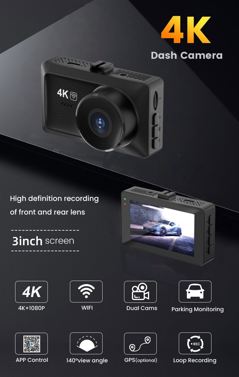 4K Front + Rear Wi-Fi Dash Camera with Night Vision