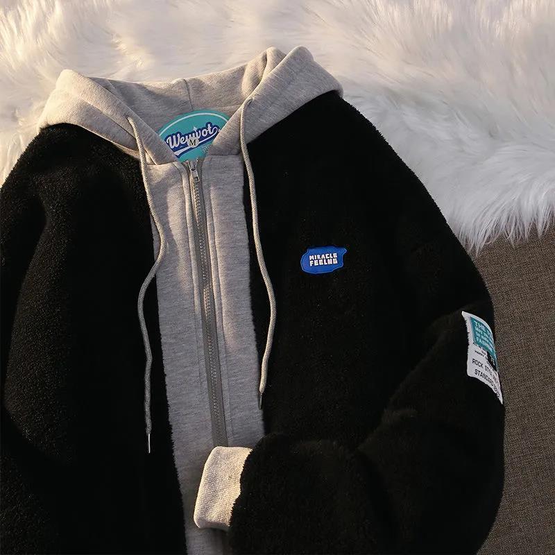 American-style faux lambswool fake two-piece coat for women trendy ins autumn and winter hooded cotton-padded coat thickened loose couple Padilla Innovations LLC