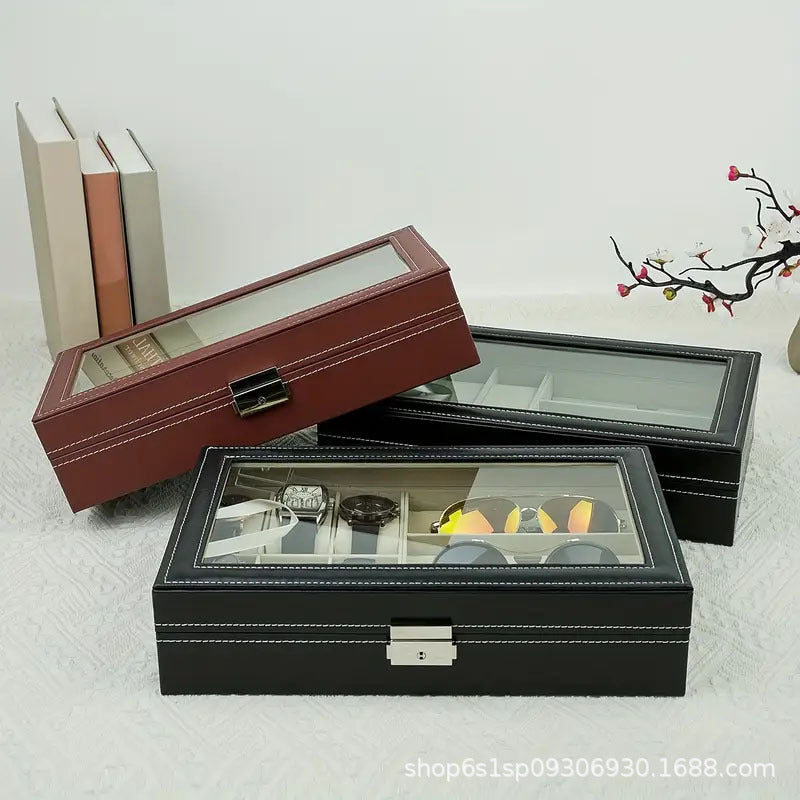 Caja organizadora de piel para relojes, gafas y joyas