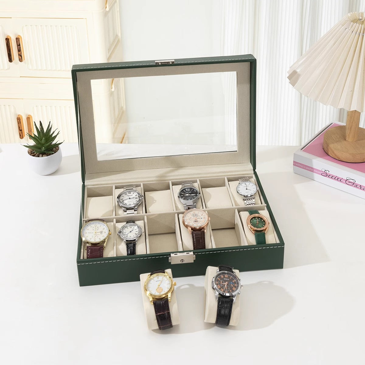 Caja organizadora de piel para relojes, gafas y joyas