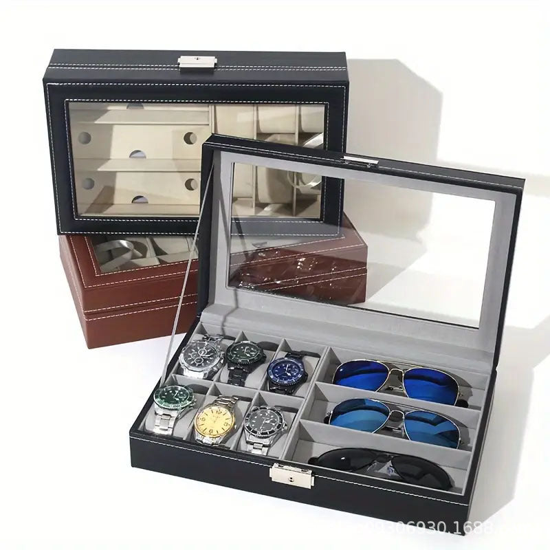 Caja organizadora de piel para relojes, gafas y joyas
