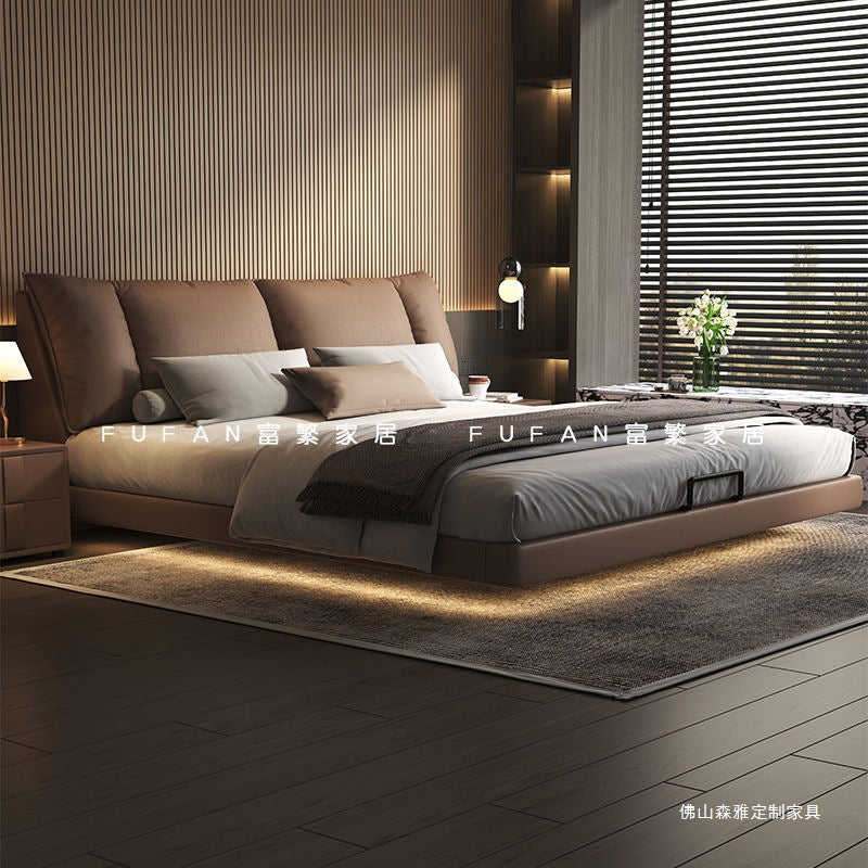 New Italian-style luxury genuine leather floating bed, modern minimalist home bridal bed, double master bed, large bed, internet-famous leather art bed