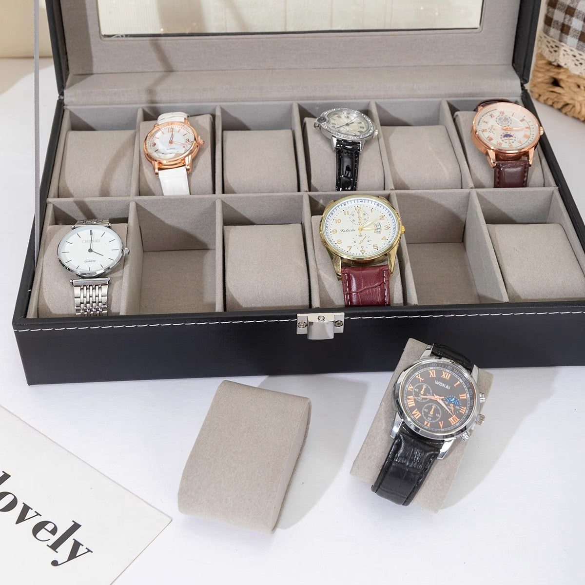 Caja organizadora de piel para relojes, gafas y joyas