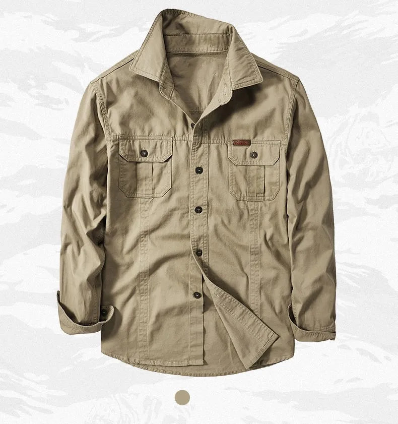 Camisa cargo de manga larga en mezcla de algodón para hombre – Tallas extendidas