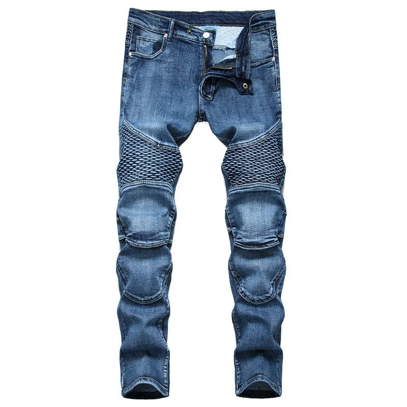 Men’s Patchwork Slim-Fit Motorcycle Jeans