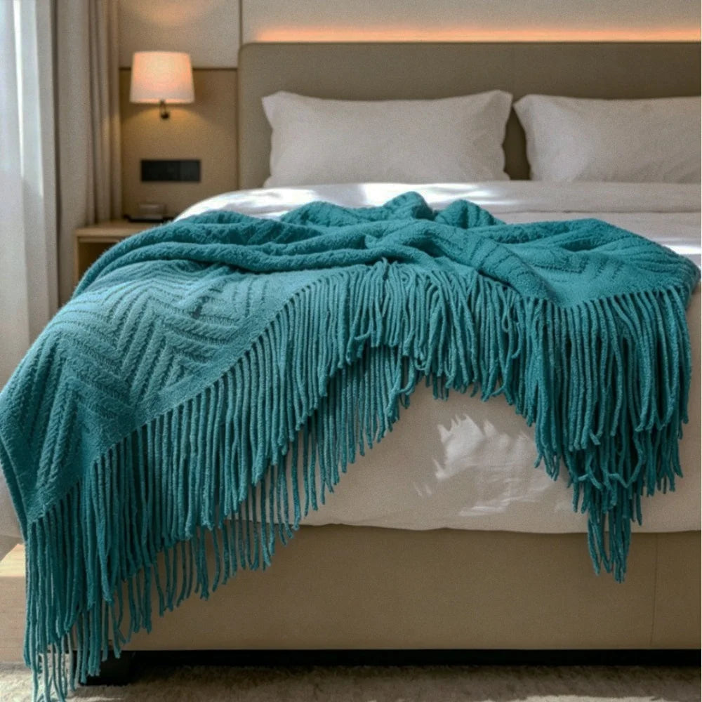 Luxury Chunky Cream Throw Blanket Soft Cozy Cable Knitted with Tassels All-Season Nordic Home Decor Blanket Gift