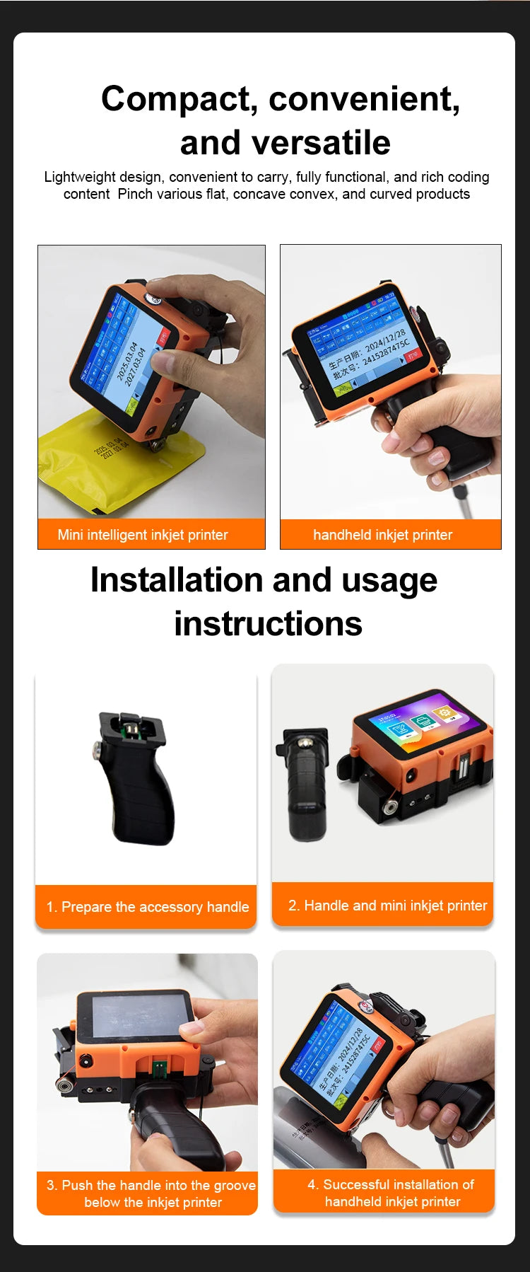 Portable Mini Printer Handheld Inkjet Printer Label Printer Expire Date QRCode Batch Number Pattern Packaging Bag Coding Machine