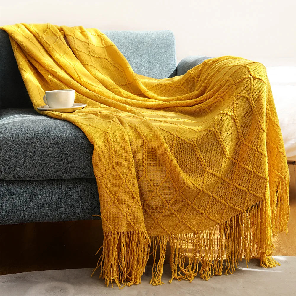 Luxury Chunky Cream Throw Blanket Soft Cozy Cable Knitted with Tassels All-Season Nordic Home Decor Blanket Gift