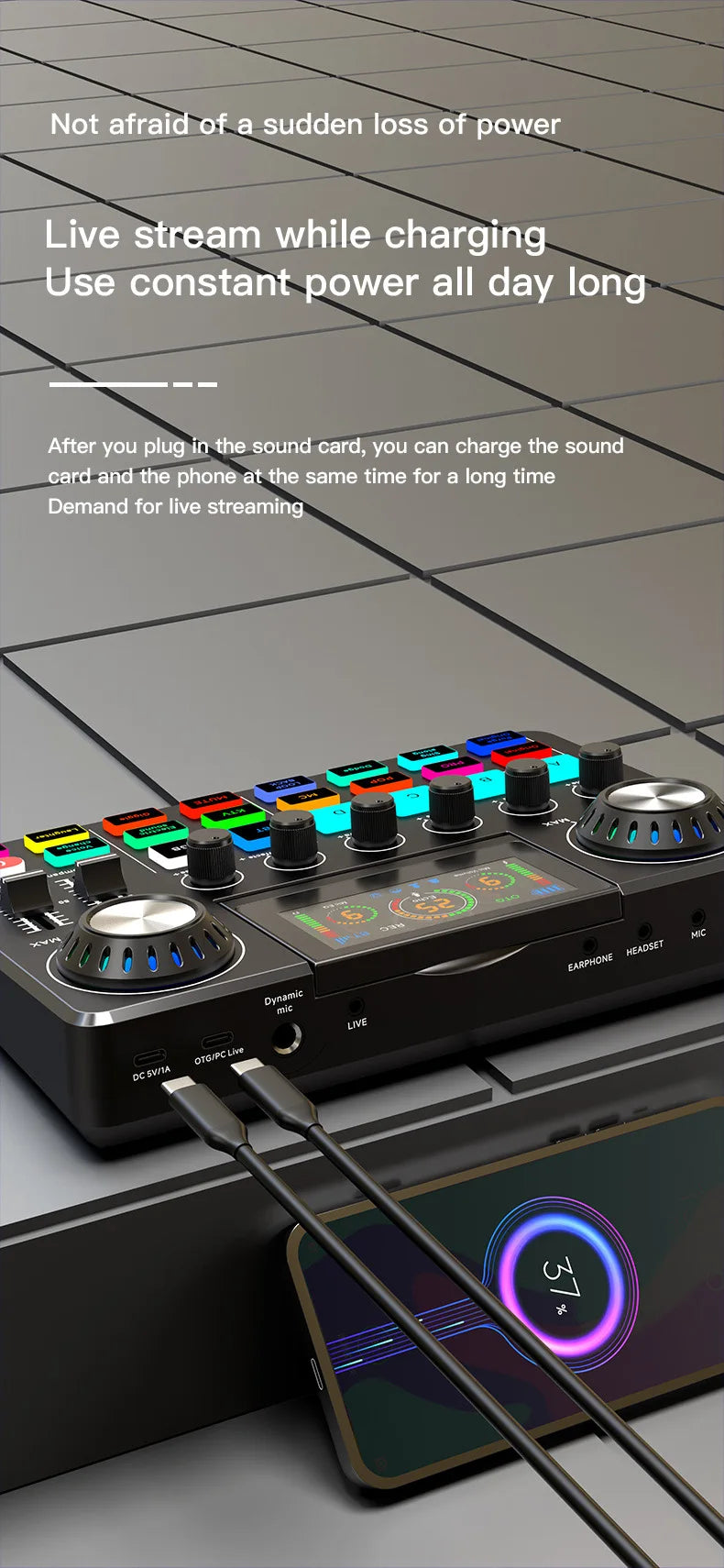Tarjeta de sonido RGB en vivo y mezclador de audio para DJ con cambiador de voz