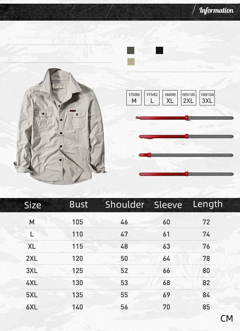 Camisa cargo de manga larga en mezcla de algodón para hombre – Tallas extendidas