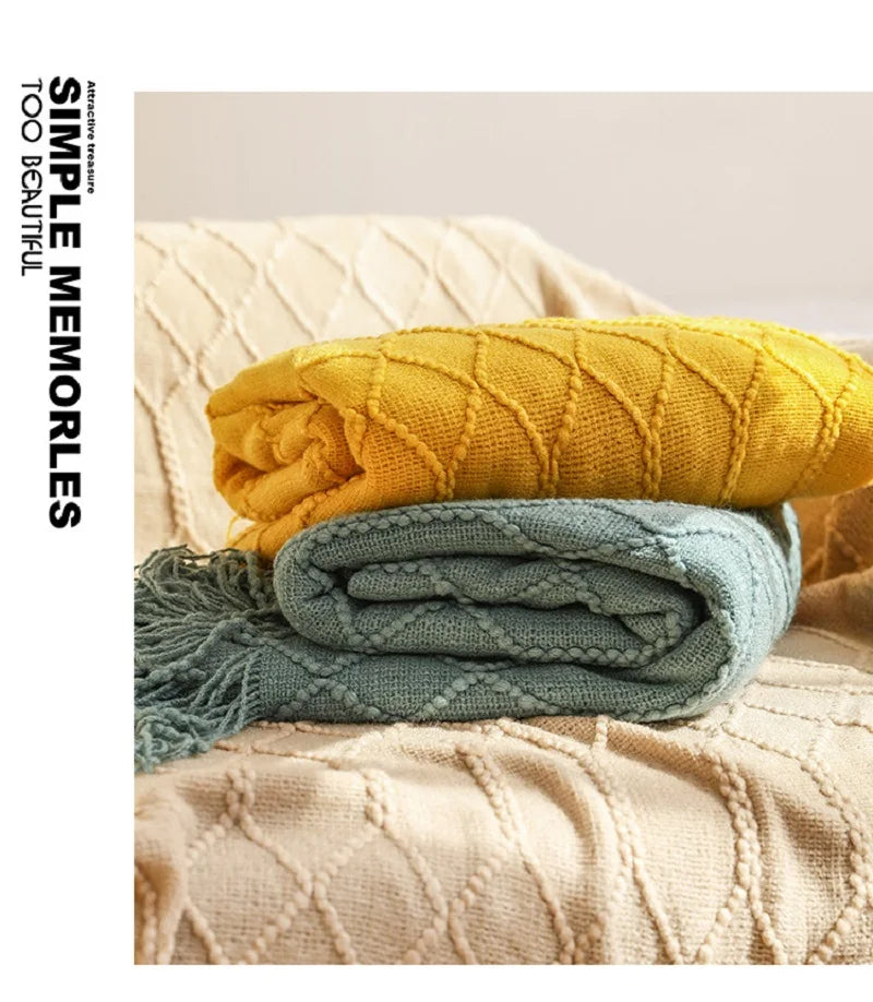 Luxury Chunky Cream Throw Blanket Soft Cozy Cable Knitted with Tassels All-Season Nordic Home Decor Blanket Gift