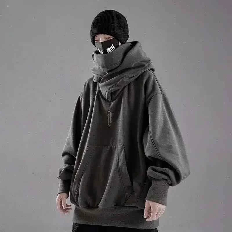 Winter Embroidery Turtleneck Men's Hooded Sweatshirt Japanese Ninja Oversized Hoodies Hip Hop Fleece Pocket Streetwear Y2K Hoody