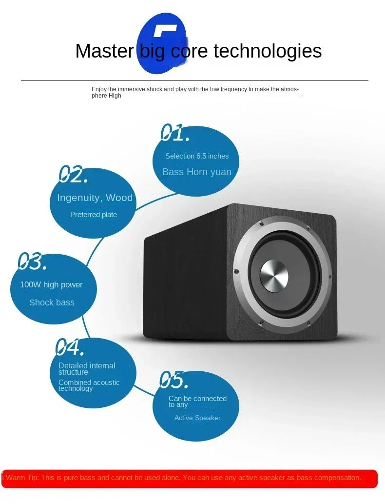 6.5 Inch Active Subwoofer Speaker High-power 100W Super Bass Home Theater Sound System for Active Speakers PC Computer TV Box