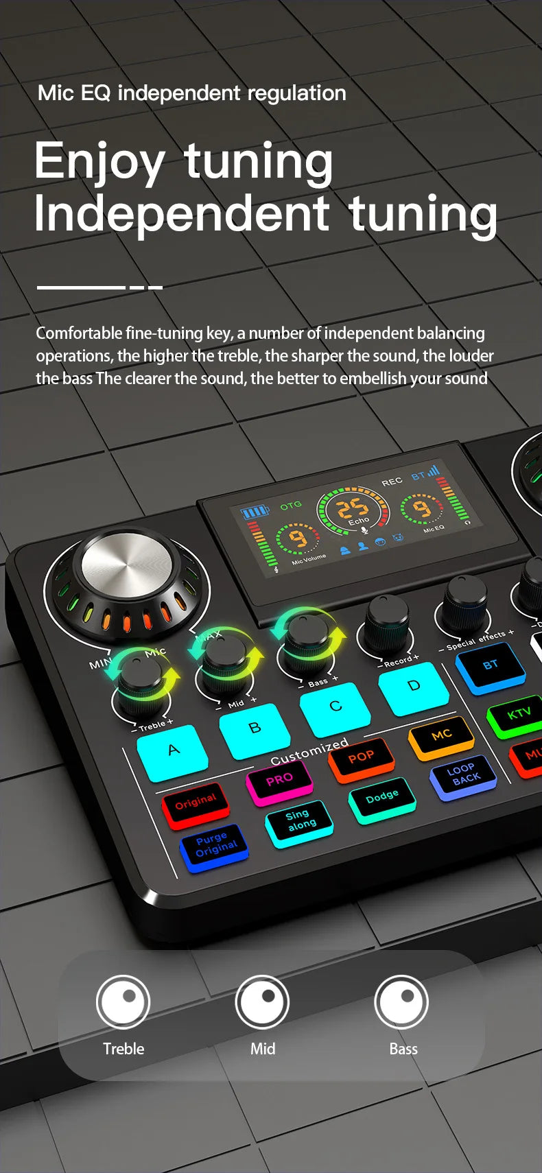 Tarjeta de sonido RGB en vivo y mezclador de audio para DJ con cambiador de voz