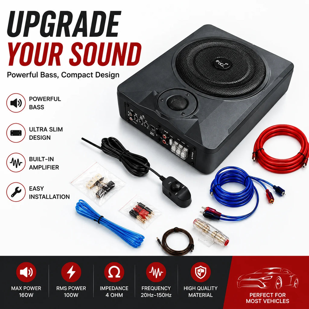 8" Low-Profile Amplified Subwoofer System, Under Seat Powered Subwoofer Active Hideaway Car Truck Sub, Built-in Amplifier, Remo