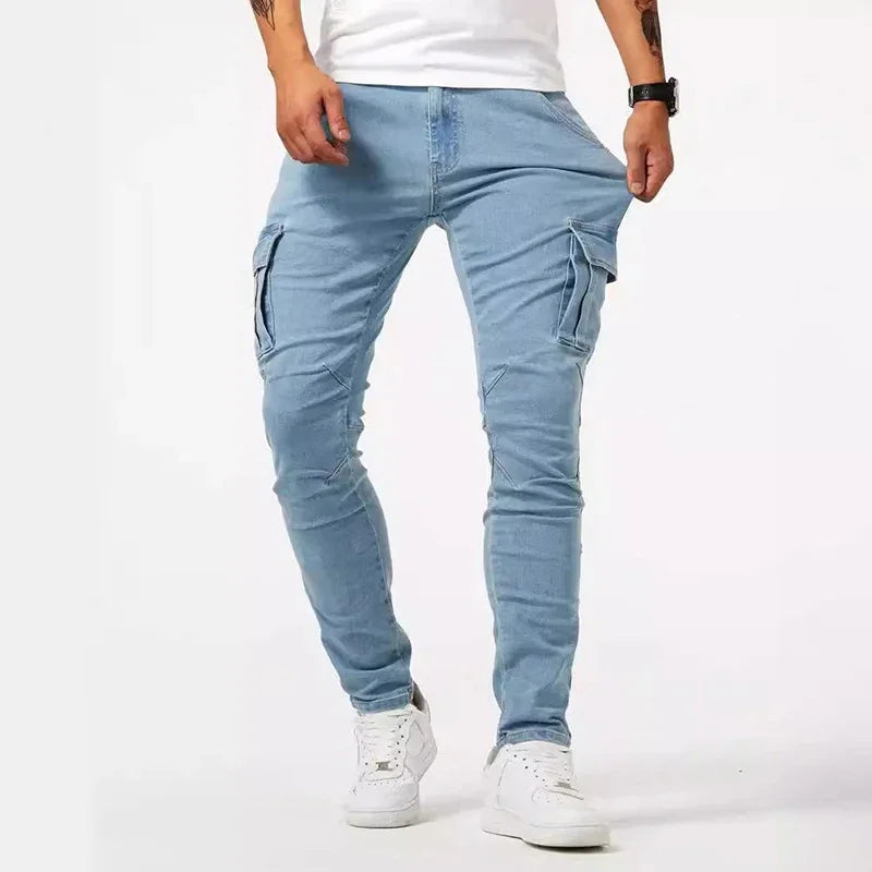 Men’s Skinny Cargo Jeans – Black, Light Blue, Dark Blue or Gray