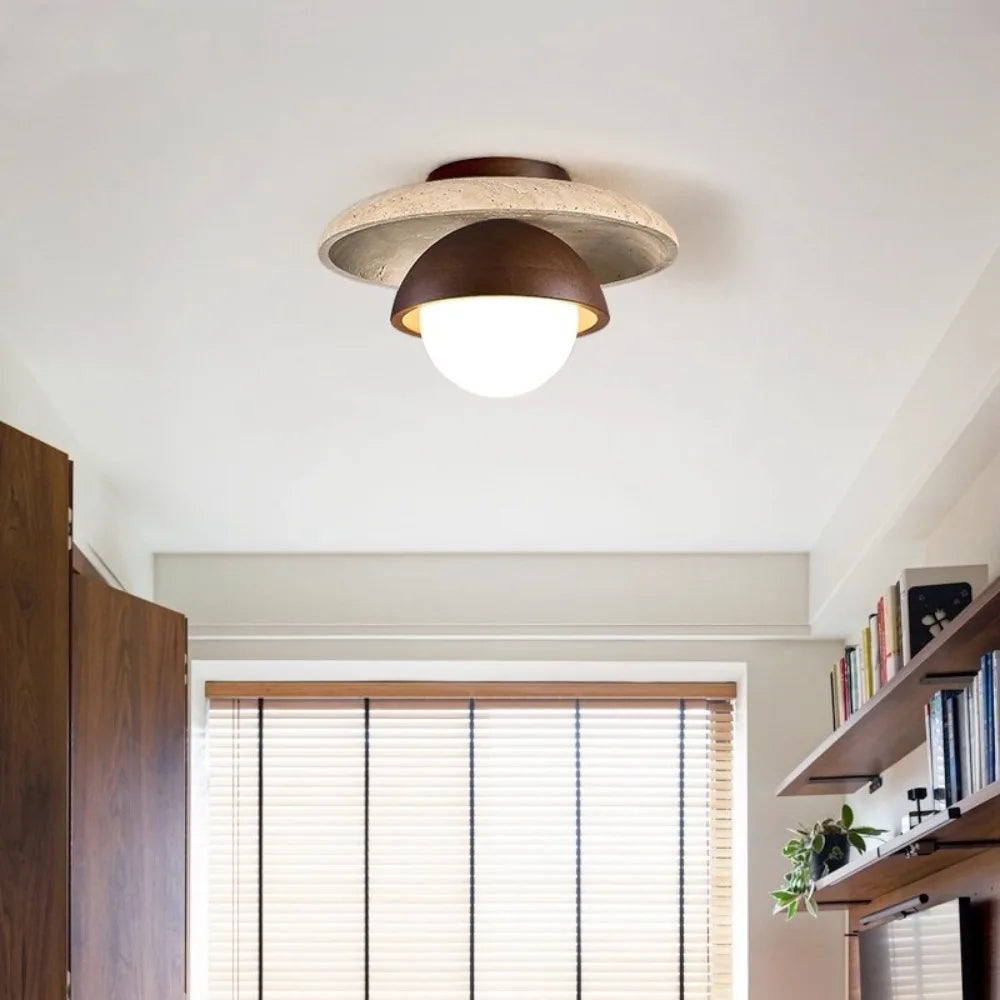Wabi-Sabi Ceramic and Wood Ceiling Light