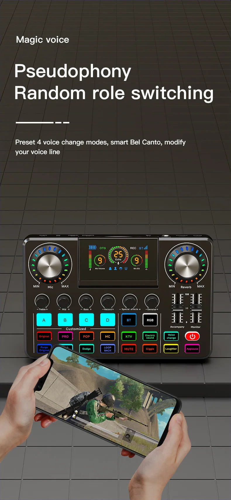 Tarjeta de sonido RGB en vivo y mezclador de audio para DJ con cambiador de voz