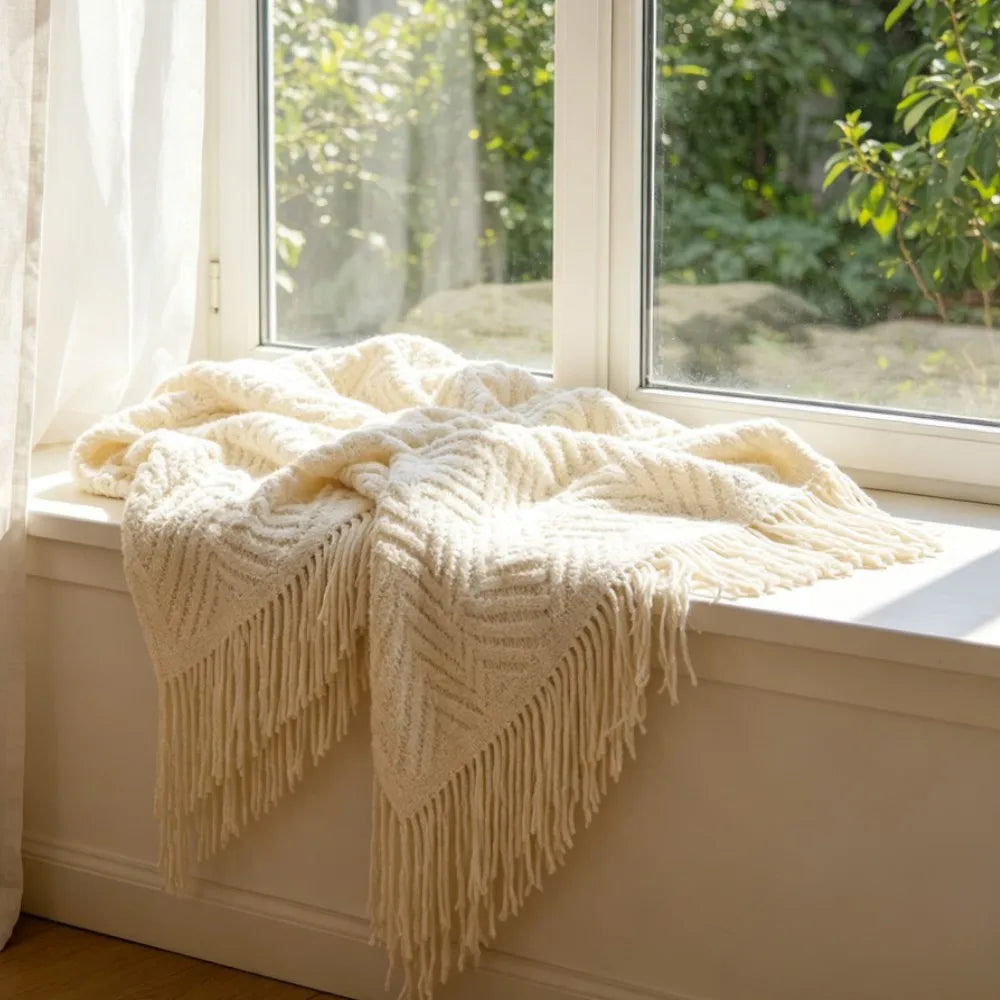 Luxury Chunky Cream Throw Blanket Soft Cozy Cable Knitted with Tassels All-Season Nordic Home Decor Blanket Gift