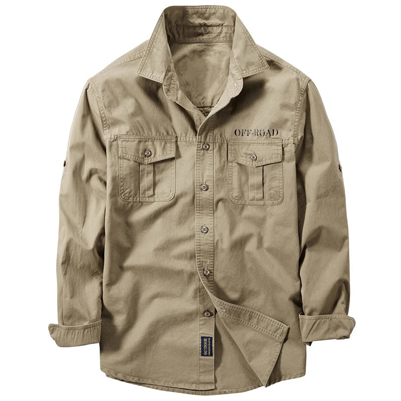 Men’s Cotton-Blend Long-Sleeve Cargo Shirt – Extended Sizes