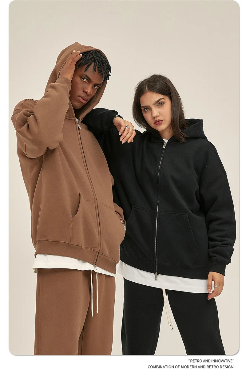 ZODF New Men Double Headed Zipper Fleece Hoodies Unisex Loose Basic Solid Warm Hooded Sweatshirts Coats For Winter HY0633 Padilla Innovations LLC