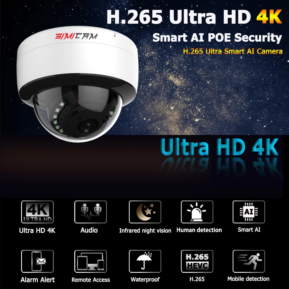 SIMICAM 4MP/5MP/4K Dome IP Camera – PoE/DC12V with Built-In Mic