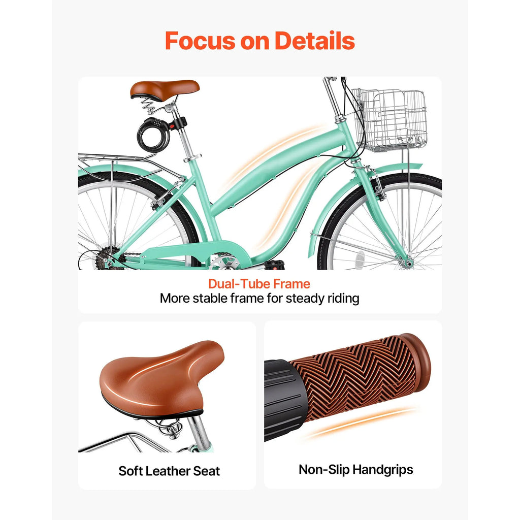 Bicicleta de paseo (beach cruiser) de 26 pulgadas para mujer, de 7 velocidades, con cesta
