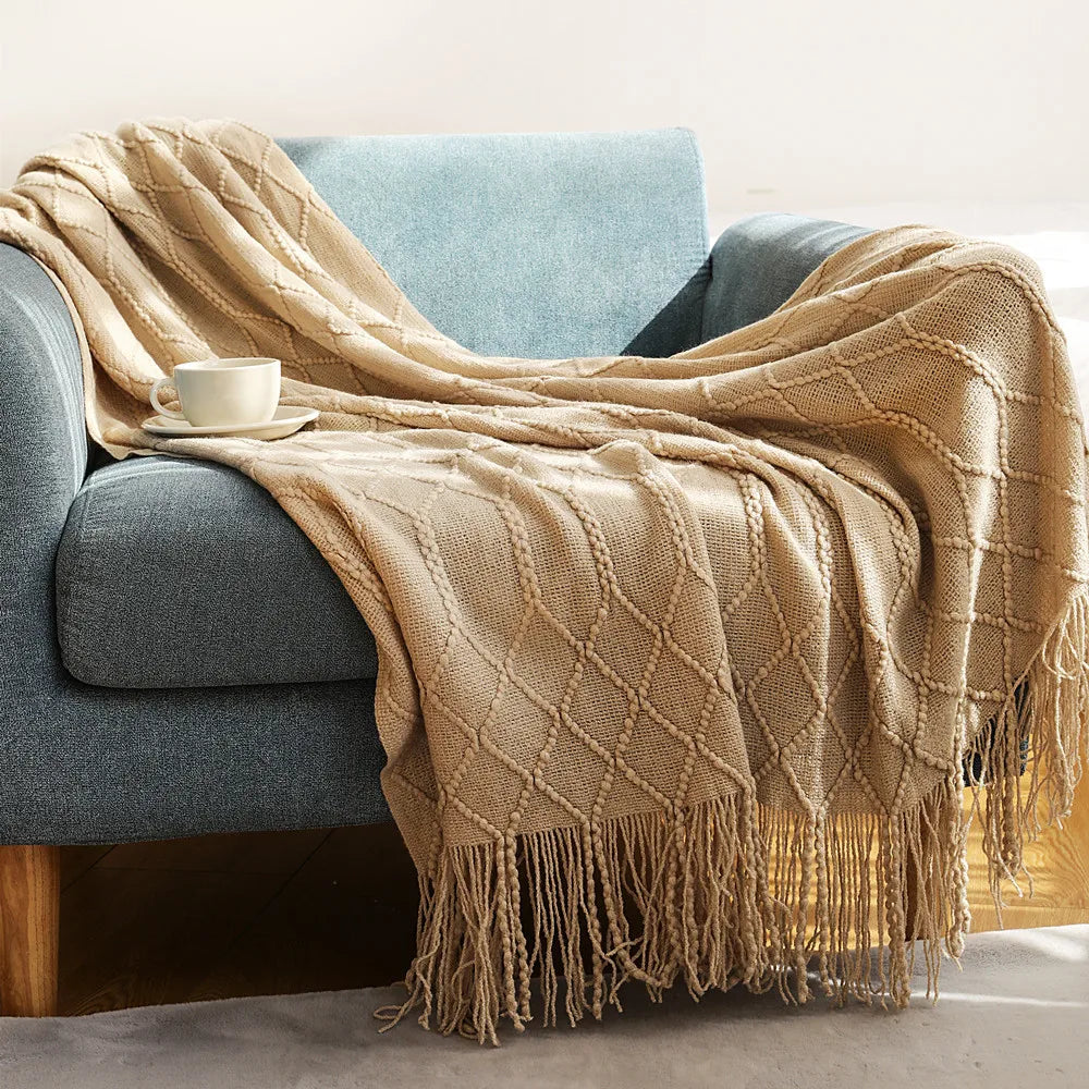 Luxury Chunky Cream Throw Blanket Soft Cozy Cable Knitted with Tassels All-Season Nordic Home Decor Blanket Gift