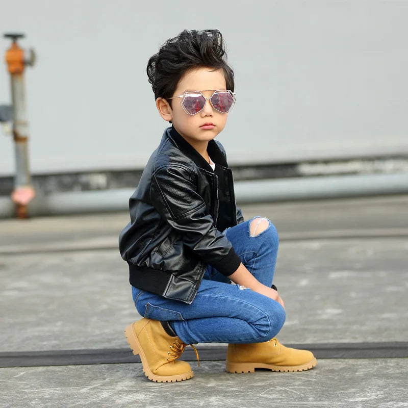 Boys’ Waterproof Zipper PU Leather Jacket