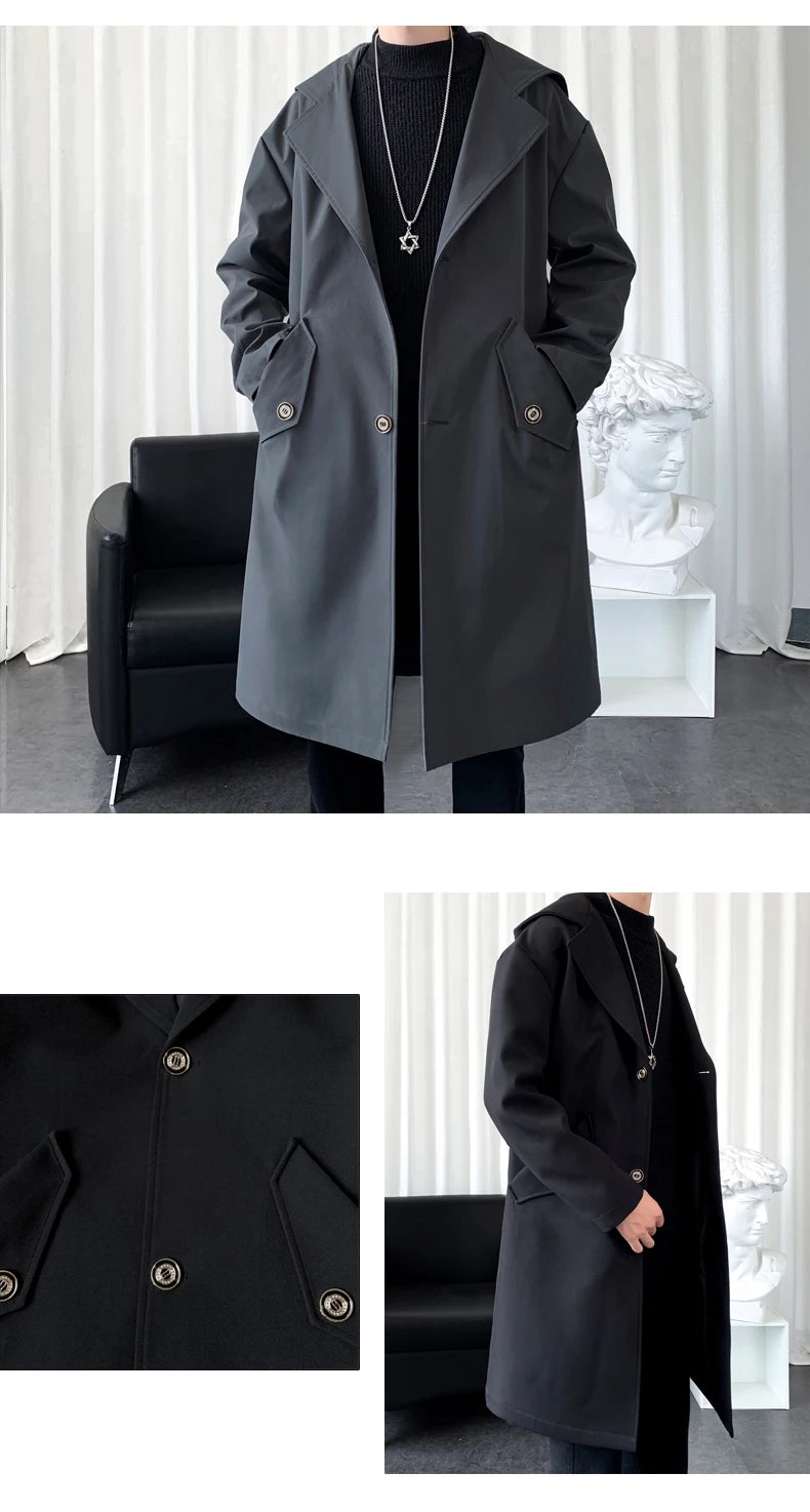 Men’s Hooded Long Trench Coat – Wool-Lined
