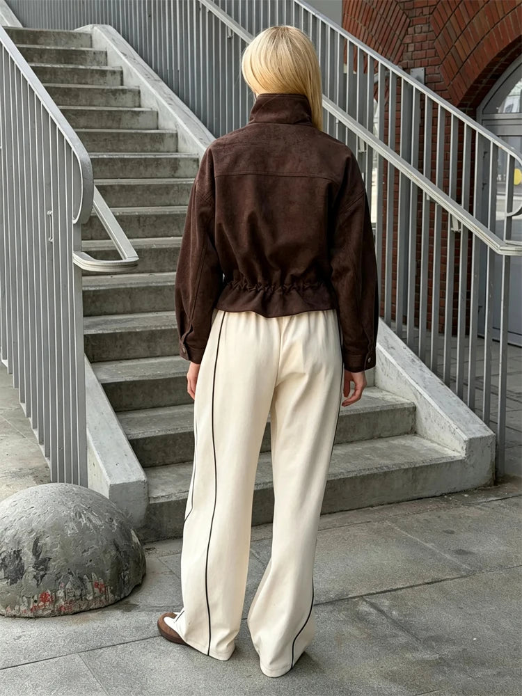 Women Brown Faux Leather Jackets Chic Casual Long Sleeve Lapel Loose Zipper Drawstring Coats Autumn Winter Streetwears Coats Padilla Innovations LLC