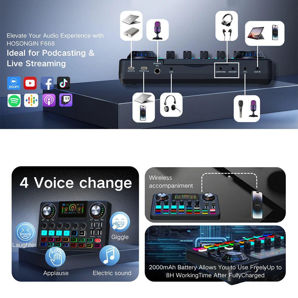 RGB Live Sound Card & DJ Audio Mixer with Voice Changer