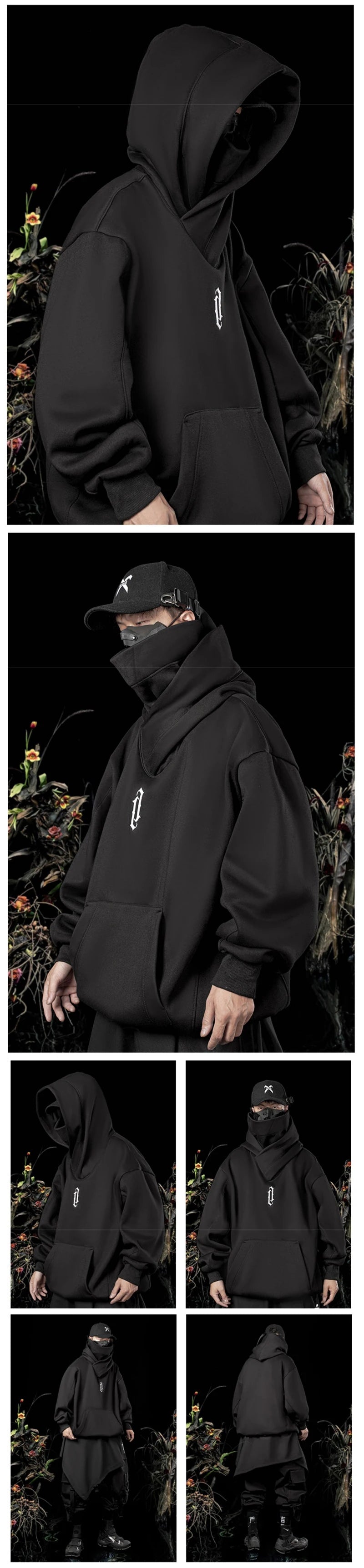 Winter Embroidery Turtleneck Men's Hooded Sweatshirt Japanese Ninja Oversized Hoodies Hip Hop Fleece Pocket Streetwear Y2K Hoody Padilla Innovations LLC