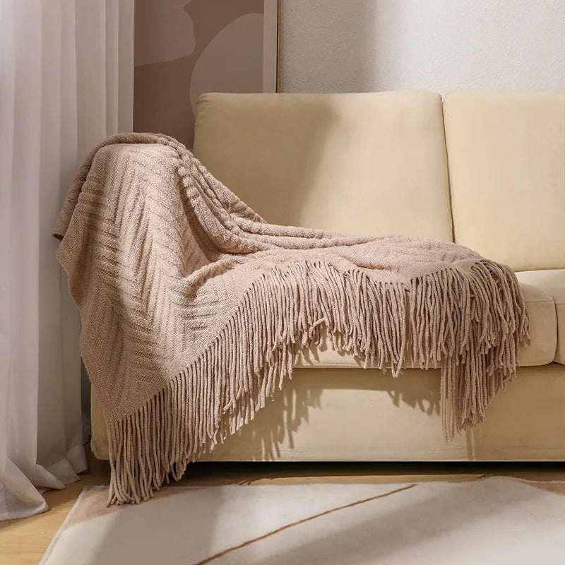 Luxury Chunky Cream Throw Blanket Soft Cozy Cable Knitted with Tassels All-Season Nordic Home Decor Blanket Gift
