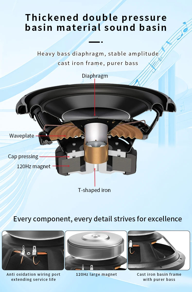 Peak 800W car subwoofer with active built-in amplifier, stunning heavy bass, car trunk subwoofer with high power