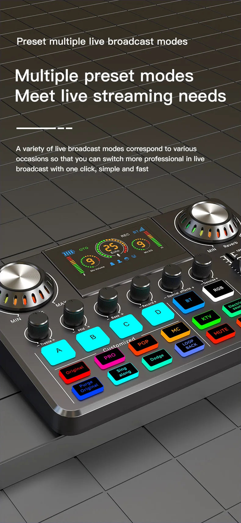 Tarjeta de sonido RGB en vivo y mezclador de audio para DJ con cambiador de voz