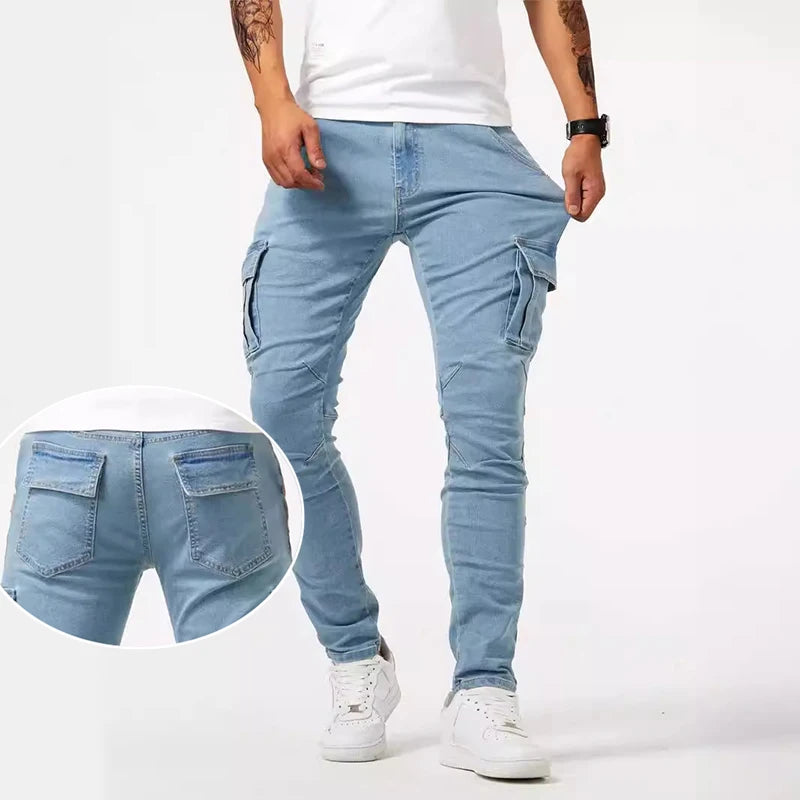 Men’s Skinny Cargo Jeans – Black, Light Blue, Dark Blue or Gray