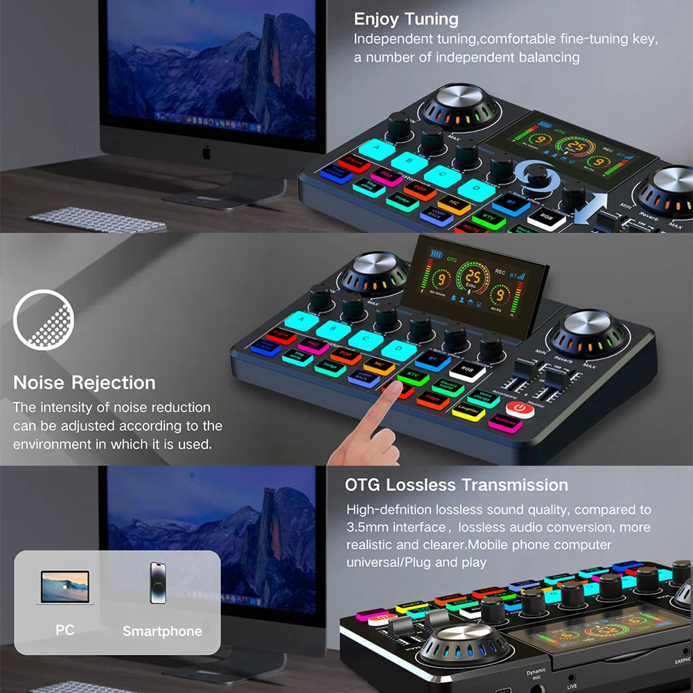 Tarjeta de sonido RGB en vivo y mezclador de audio para DJ con cambiador de voz