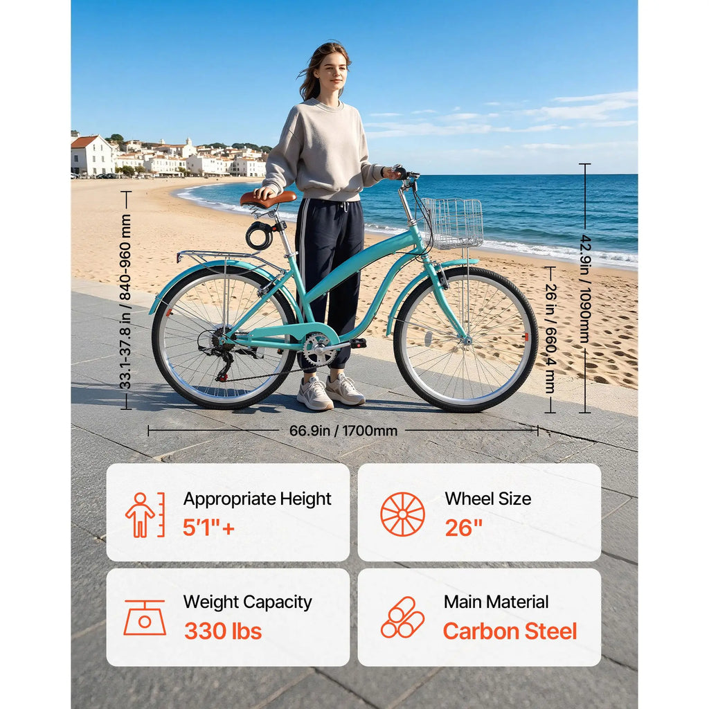 Bicicleta de paseo (beach cruiser) de 26 pulgadas para mujer, de 7 velocidades, con cesta