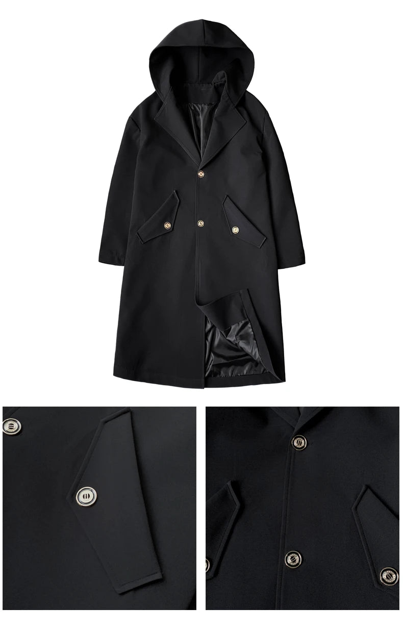 Men’s Hooded Long Trench Coat – Wool-Lined