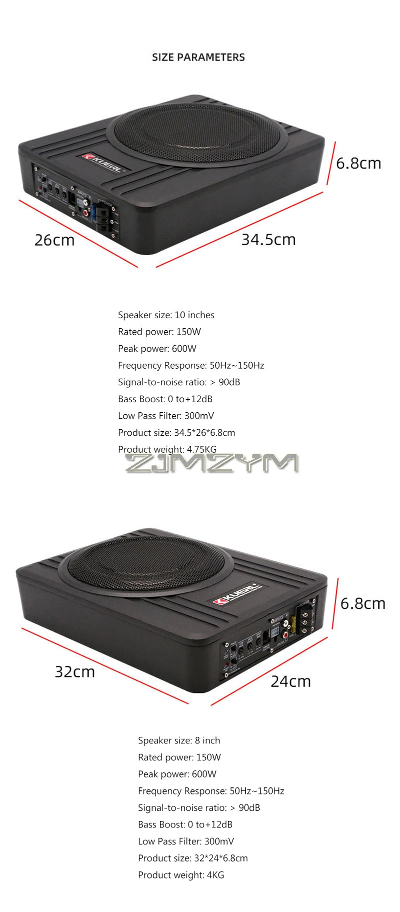 12V High Power Active Subwoofer with Built-in Amplifier, 10"  8'' Slim Under-Seat Active Powered Car Truck Subwoofer