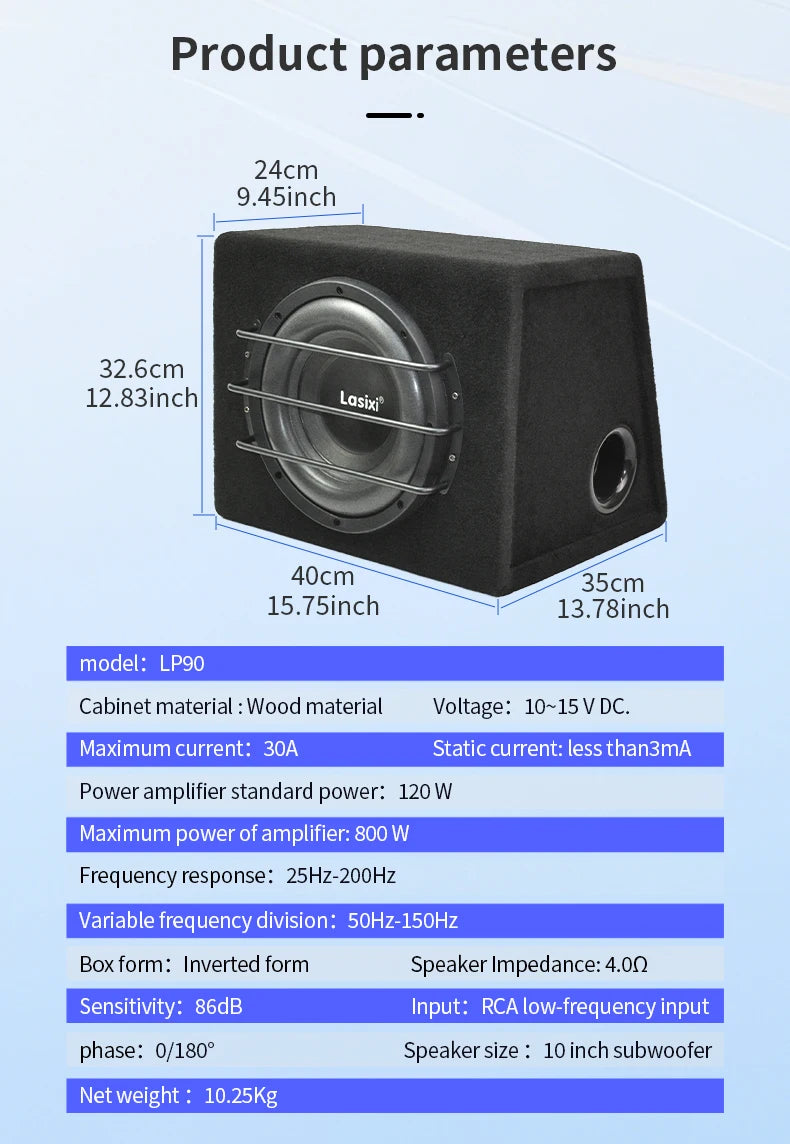 Peak 800W car subwoofer with active built-in amplifier, stunning heavy bass, car trunk subwoofer with high power