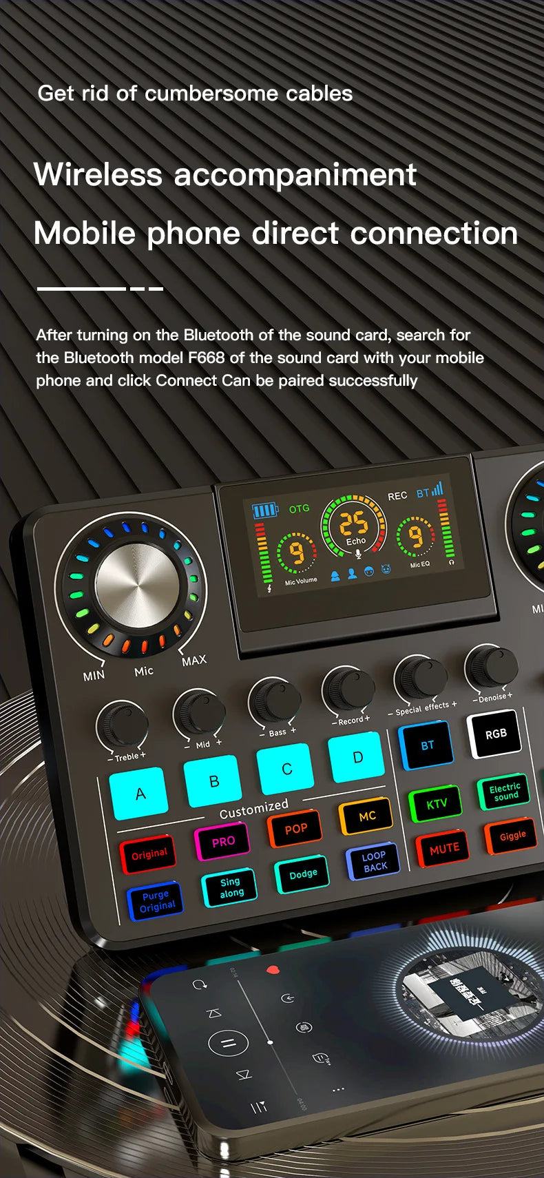 Tarjeta de sonido RGB en vivo y mezclador de audio para DJ con cambiador de voz