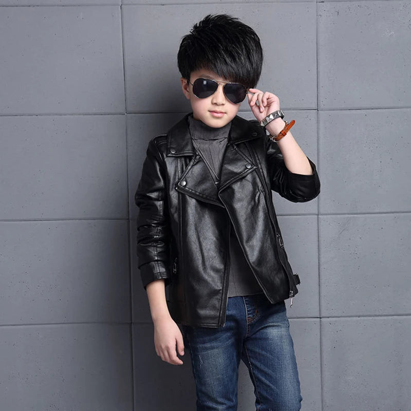 Boys’ Waterproof Zipper PU Leather Jacket