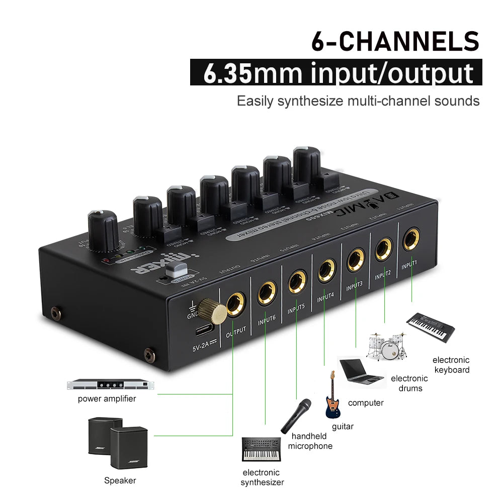 Mezclador de audio compacto de múltiples entradas con enrutamiento de monitor